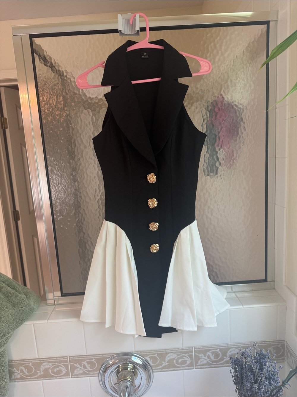 Black and White Sleeveless Fit-and-Flare Dress with Gold Buttons